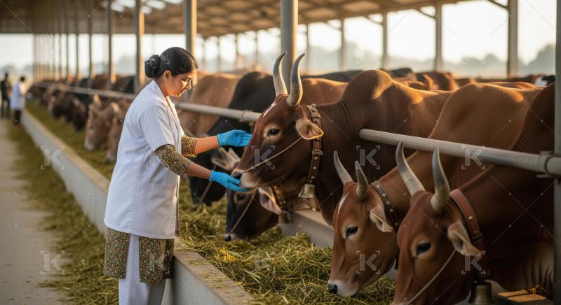 Veterinarian Tending to Zebu Cattle at Modern Dairy Farm