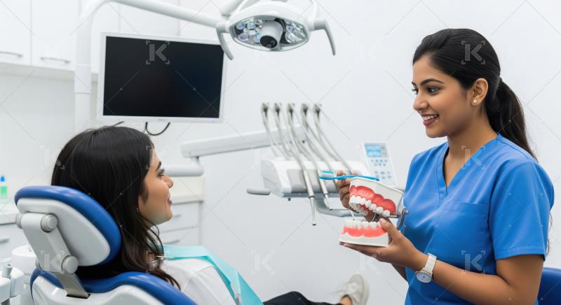Dental professional instructing patient on proper teeth brushing