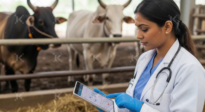 Female Veterinarian Monitoring Cattle Health with Digital Tablet
