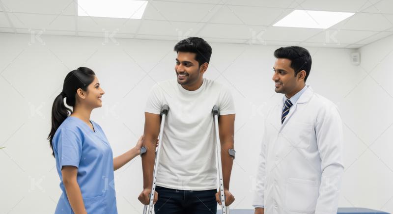 Patient with crutches, supported by medical team, smiles