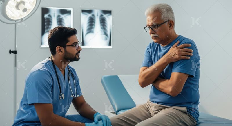 Doctor consults with senior patient about shoulder pain