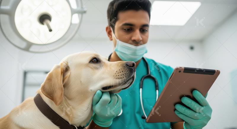 Veterinarian examining Labrador dog with tablet in clinic.