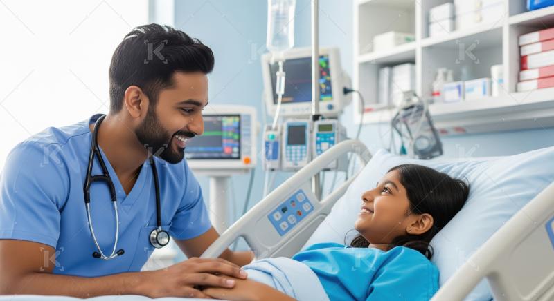 Male Doctor Comforts Young Patient in Hospital Bed
