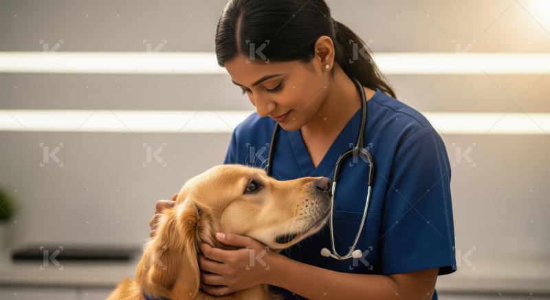 Veterinarian Comforts Golden Retriever in Clinic
