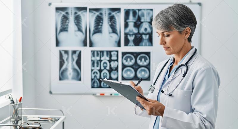 Female Doctor Examining Medical Scans and Patient Records