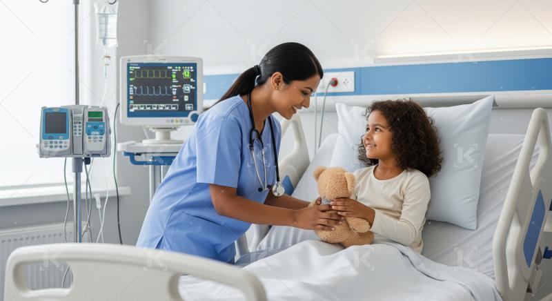 Kind Nurse Cares for Happy Child in Hospital Bed