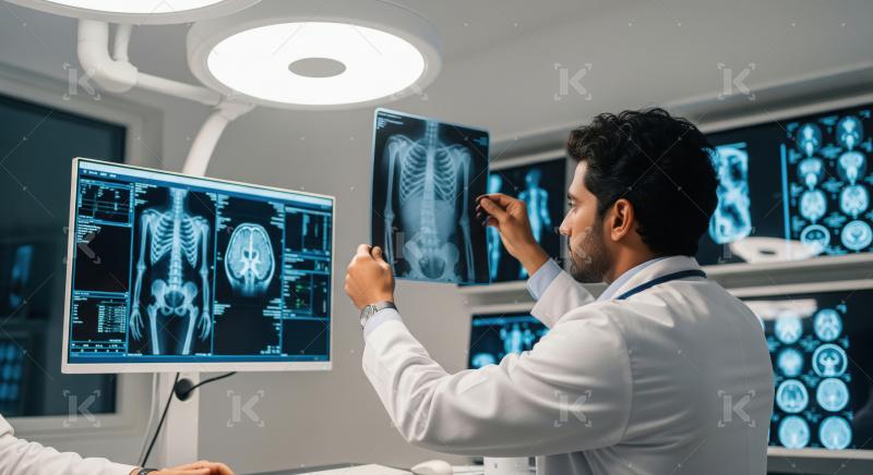 Doctor analyzing X-rays in modern medical imaging lab.