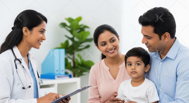 Young Indian Doctor Consults Family with Child at Clinic