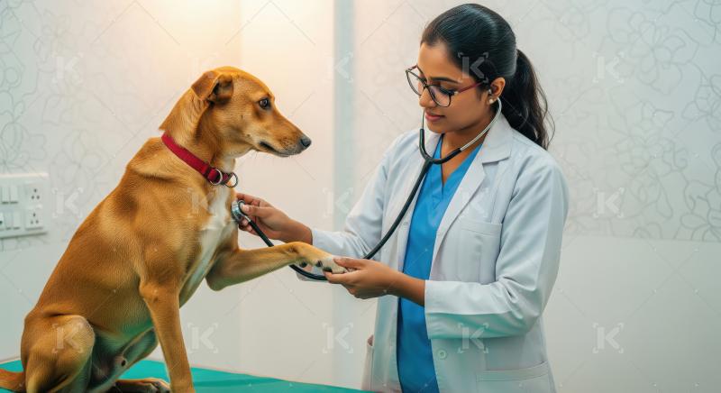Caring Indian veterinarian examines a loyal brown dog with steth