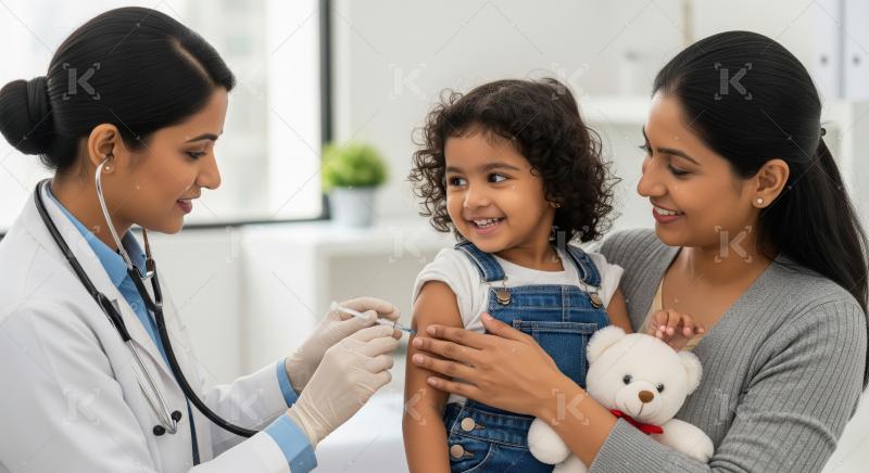 Doctor Administering Vaccine to Happy Little Girl with Mother