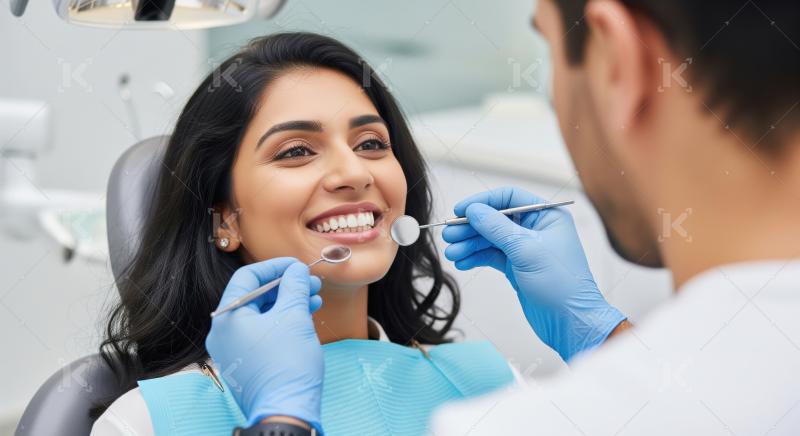 Happy patient getting dental check-up at modern clinic.
