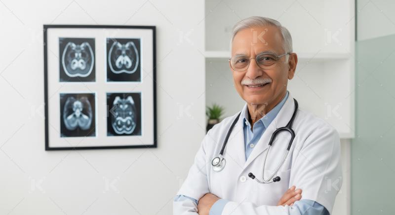 Smiling Senior Indian Doctor with Stethoscope in Clinic Office