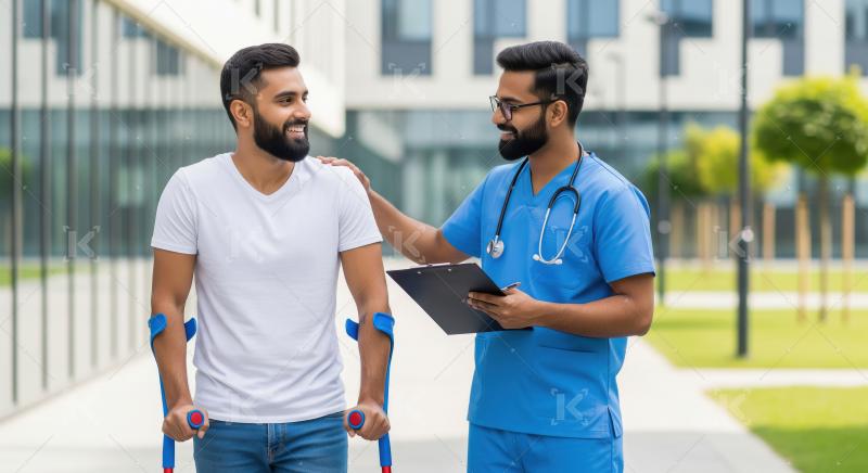 Supportive Doctor Assists Injured Patient Walking with Crutches
