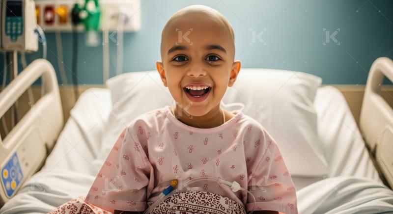 Happy bald young patient smiling cheerfully in hospital room