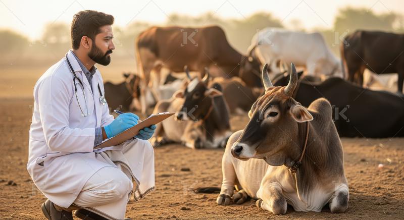 Indian Veterinarian Checking Cow on a Rural Farm
