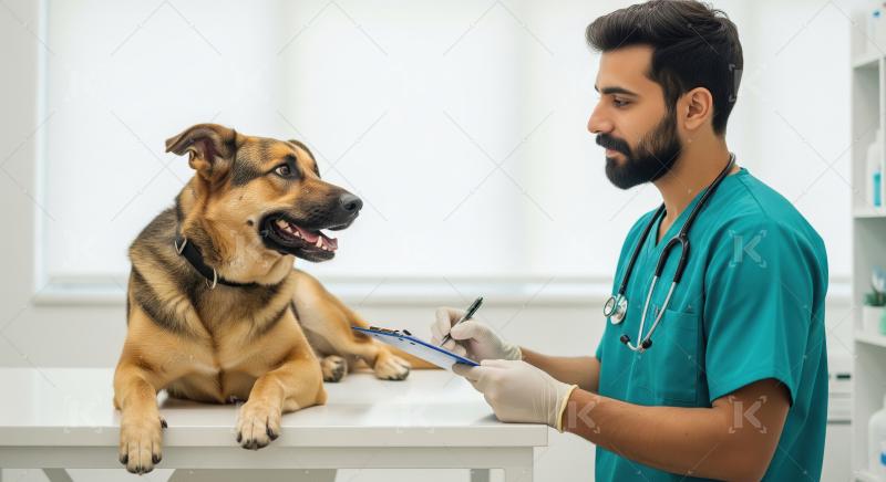 Caring Veterinarian Records Notes During Dog Health Examination