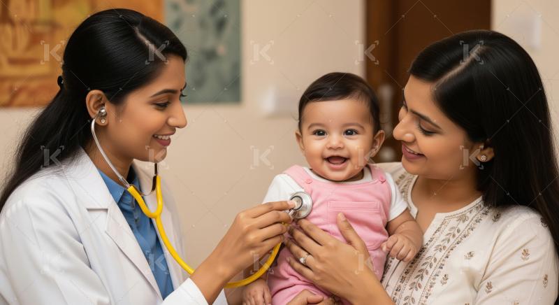 Indian Doctor Examines Happy Baby with Caring Mother
