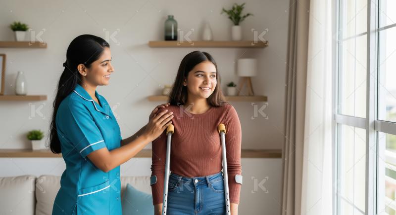 Nurse Aids Smiling Young Woman Recovering with Crutches