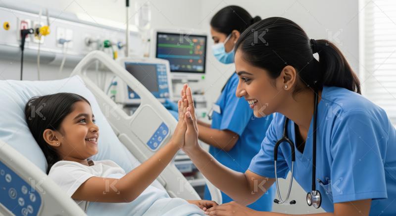 Caring doctor high-fives happy child in hospital bed.
