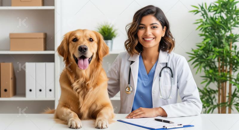 Happy veterinarian and golden retriever smiling at camera