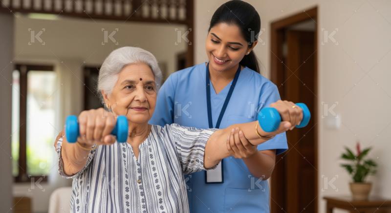 Indian caregiver assists elderly woman with strength training at