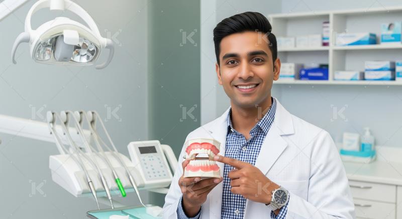 Male Dentist Explaining Teeth Model in Modern Clinic