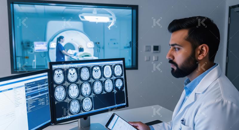 Doctor analyzing brain MRI scans in modern radiology department