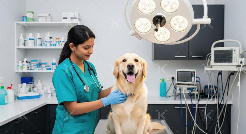 Veterinarian examines happy Golden Retriever at modern clinic