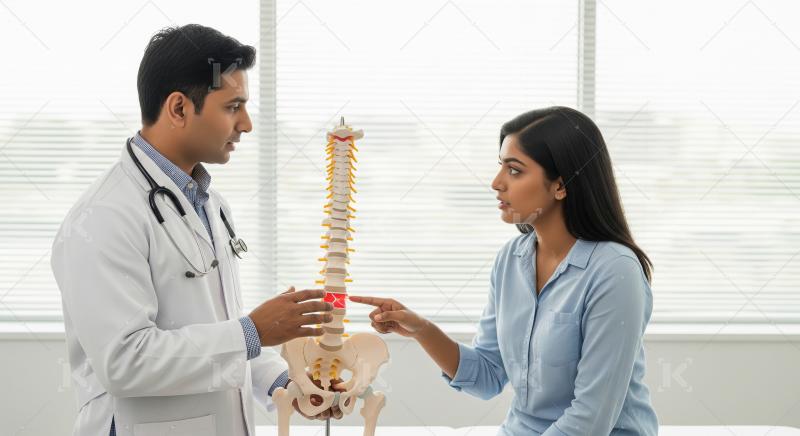 Doctor Explains Spine Model to Patient During Consultation