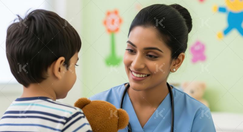 Friendly Pediatrician Comforts Young Boy with Teddy Bear