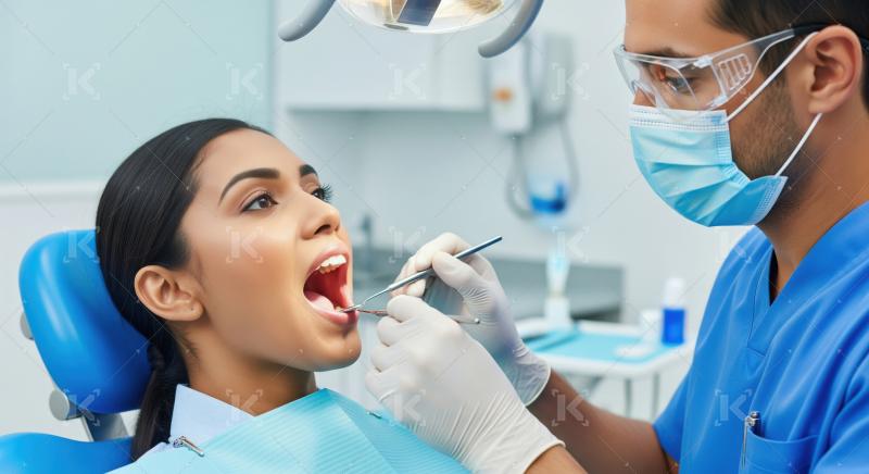 Professional dentist performing routine dental check-up on patie
