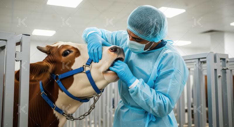Veterinarian Performs Oral Examination on Cow in Veterinary Faci