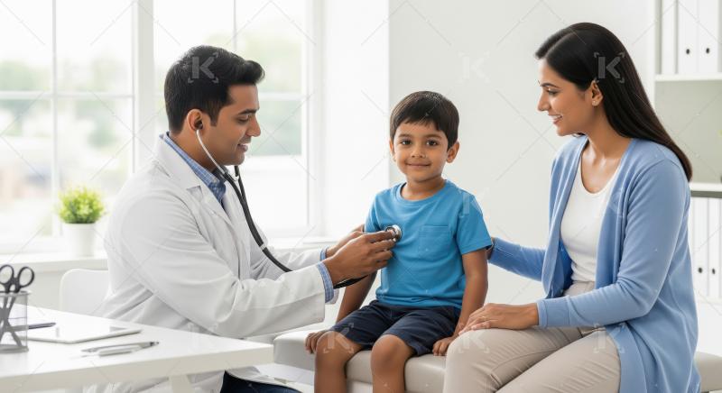 Indian Pediatrician Examining Young Boy With Stethoscope