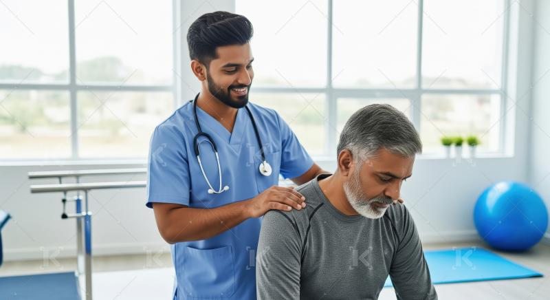 Physiotherapist assists senior patient with rehabilitation in cl