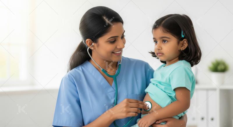 Indian Doctor Examining Young Child with Stethoscope in Clinic