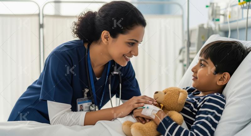Caring nurse reassuring smiling boy in hospital bed.