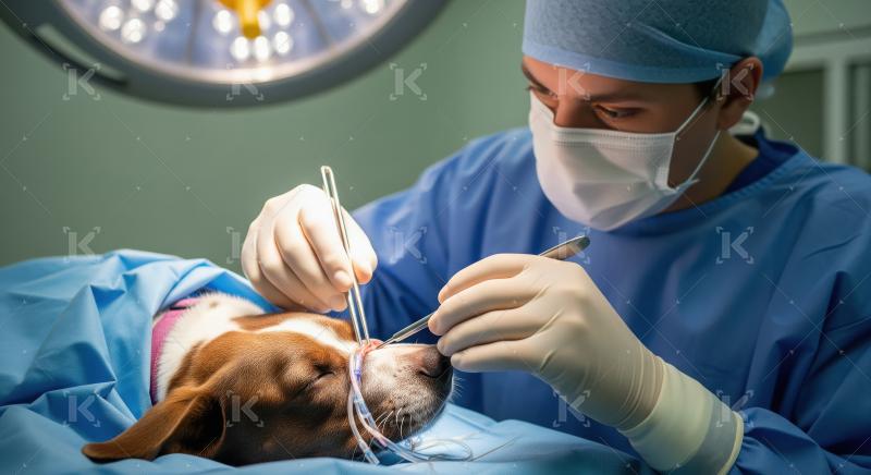 Veterinarian performs delicate surgery on a dog in clinic