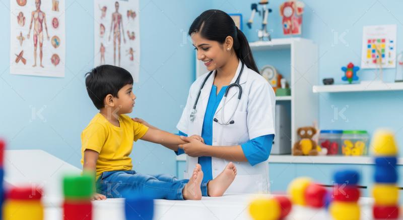 Caring Indian Doctor Examines Young Boy's Arm in Pediatric Clini