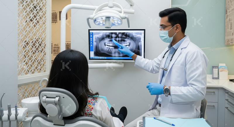 Dentist Explaining Dental X-ray to Patient in Modern Clinic