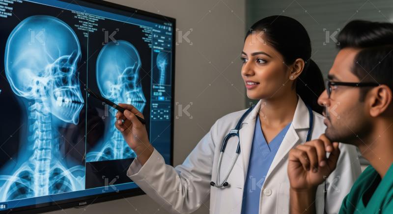 Doctors reviewing patient X-rays, discussing skull and spine ima