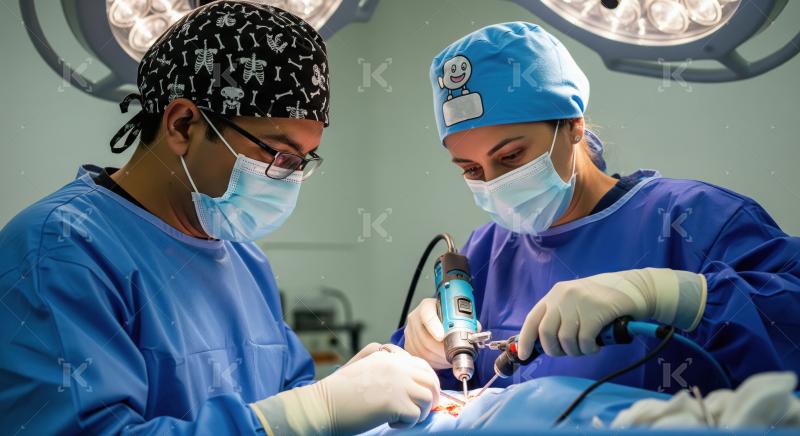 Veterinary surgeons performing complex surgery with specialized