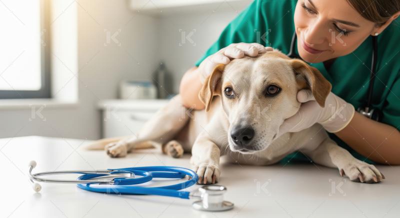 Veterinarian gently pets dog during routine clinic examination