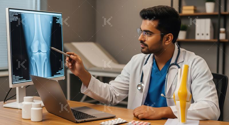Young Doctor Reviews Patient's Knee X-ray Scan on Monitor
