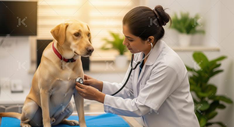 Female Veterinarian Examines Labrador Dog at Clinic