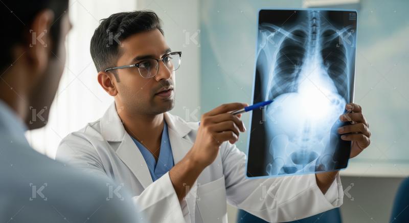 Medical professional reviewing chest X-ray with male patient