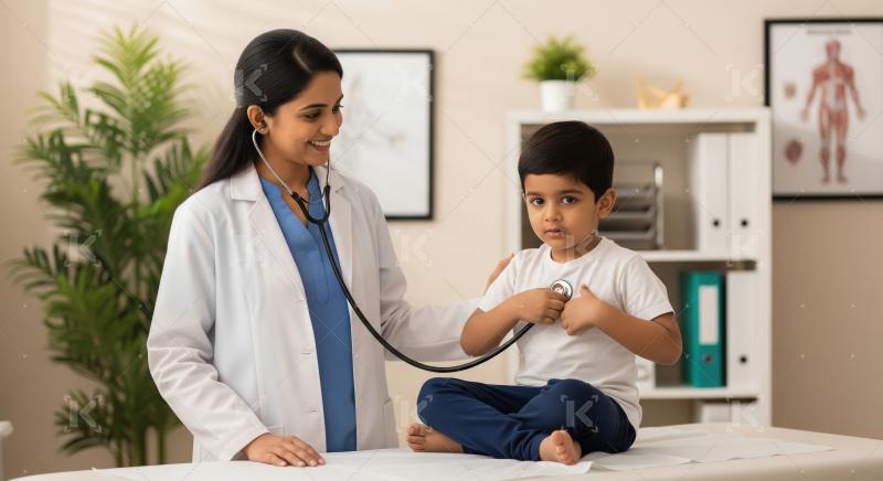 Indian Pediatrician Examines Young Boy with Stethoscope in Clini