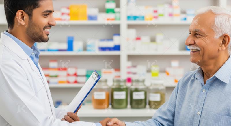 Smiling pharmacist and happy senior patient handshake in pharmacy.