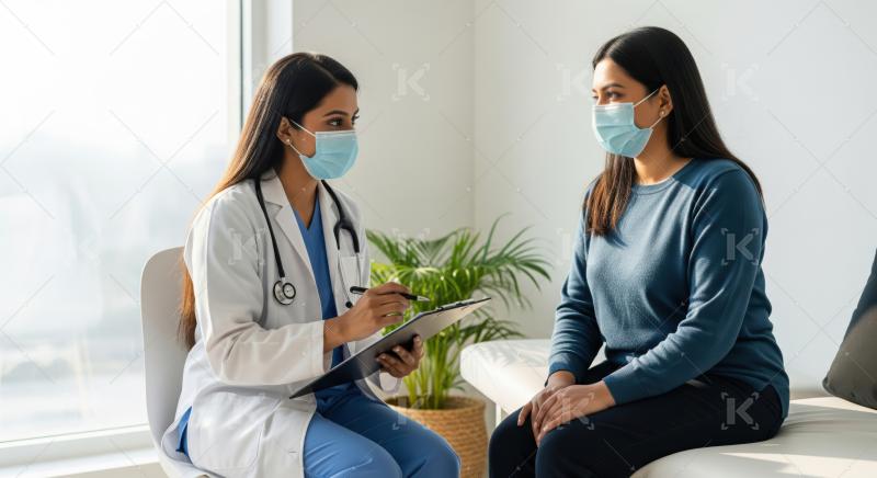 Female doctor and patient discuss health, both wearing protective masks.