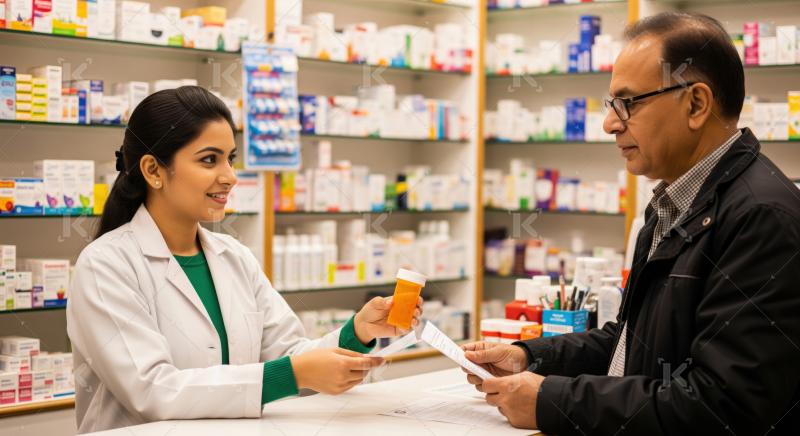 Pharmacist assists customer, providing prescription medication and professional guidance.