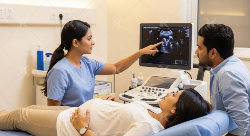 Doctor shows expecting Indian couple their baby's ultrasound scan.
